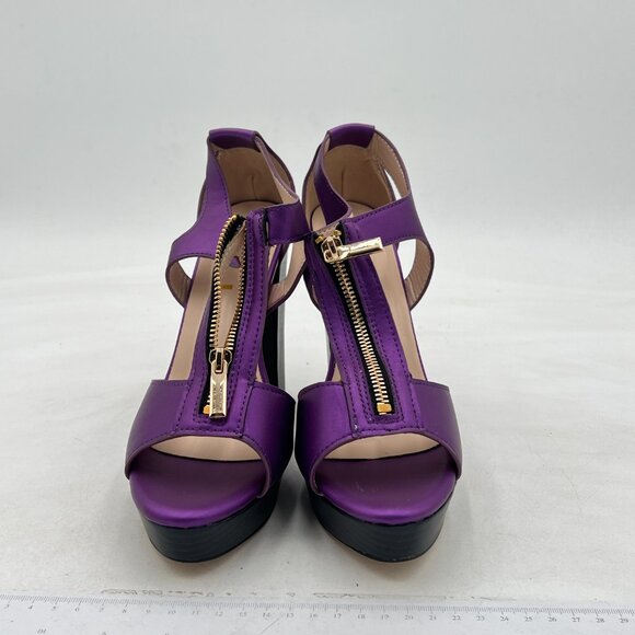 FSJ Purple Peep Open Toe T-Strap Front Zipper Chunky Stacked High Heel Sandal - Picture 3 of 8